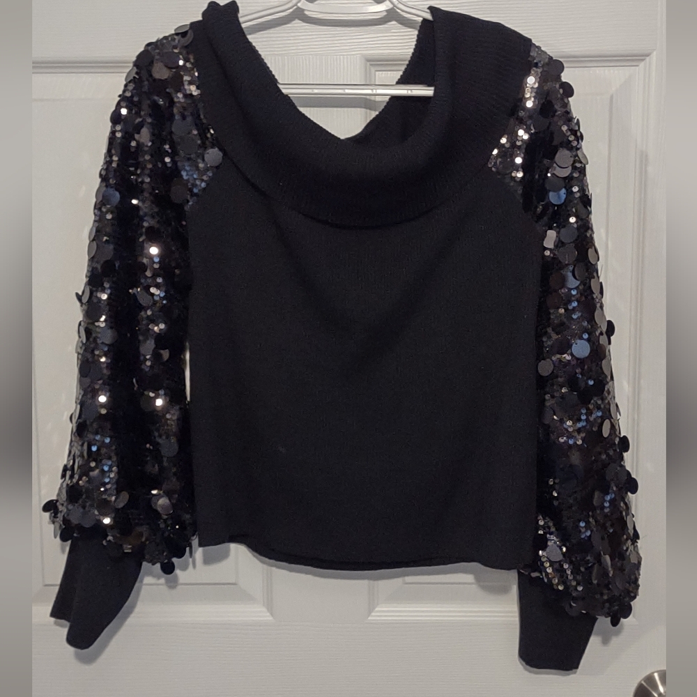 NWT Cato black off-the-shoulder sweater with dazzling sequined sleeves